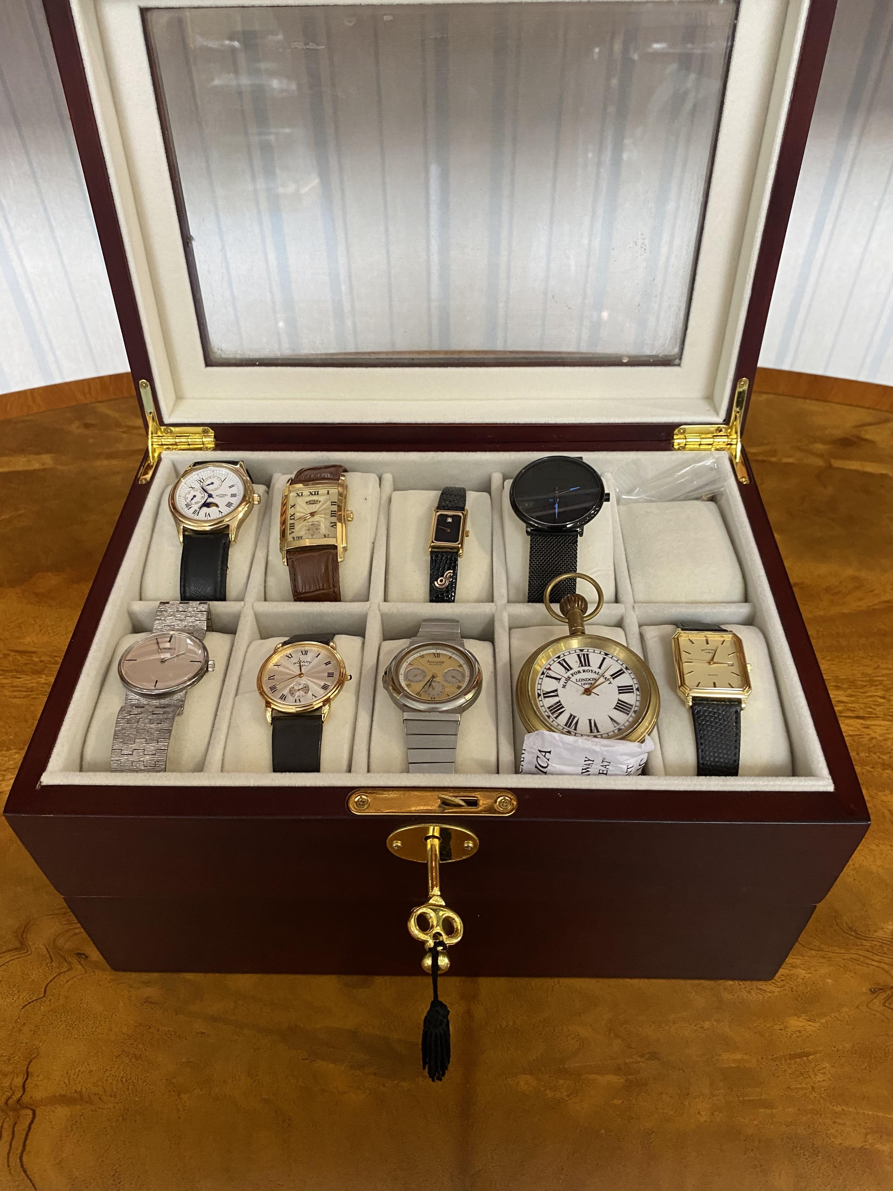 Watch Box Containing Nine Watches, to include a Rotary, Accurist, Longines, mostly quartz, - Image 2 of 3