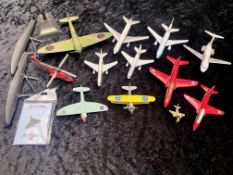 Tin of Plane Models, some die-cast, including passenger craft, fighter jets, helicopters, etc.