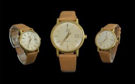 Omega - Gents Gold Plated Quartz Just Date Wrist Watch with Original Tan Leather Watch Strap.