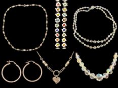 Collection of ( 5 ) Beaded Necklaces, 1 Silver Based, + 1 Pair of Silver Hooping Earrings.