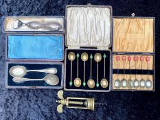 Old Corkscrew Hallmarked Silver Handled Bottle Opener, together with two boxes of coffee spoons.