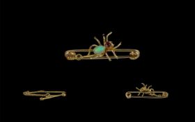 Victorian Period 9ct Gold Figural Spider Brooch. The Spider Set Opal Back and Ruby Head.