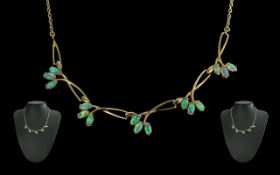 Ladies Attractive 9ct Gold Opal Set Necklace, Pretty Design. Marked 9ct.