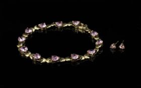 Ladies Attractive 9ct Gold Heart Shaped Pink Sapphire Set Bracelet with Matching Earrings - Full