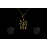 Antique Period Attractive 9ct Gold Open Worked Peridot and Seed Pearl Set Pendant,