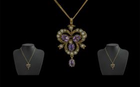 Antique Period - Attractive 9ct Gold Fancy Ornate Seed Pearl and Amethyst Set Pendant Brooch with