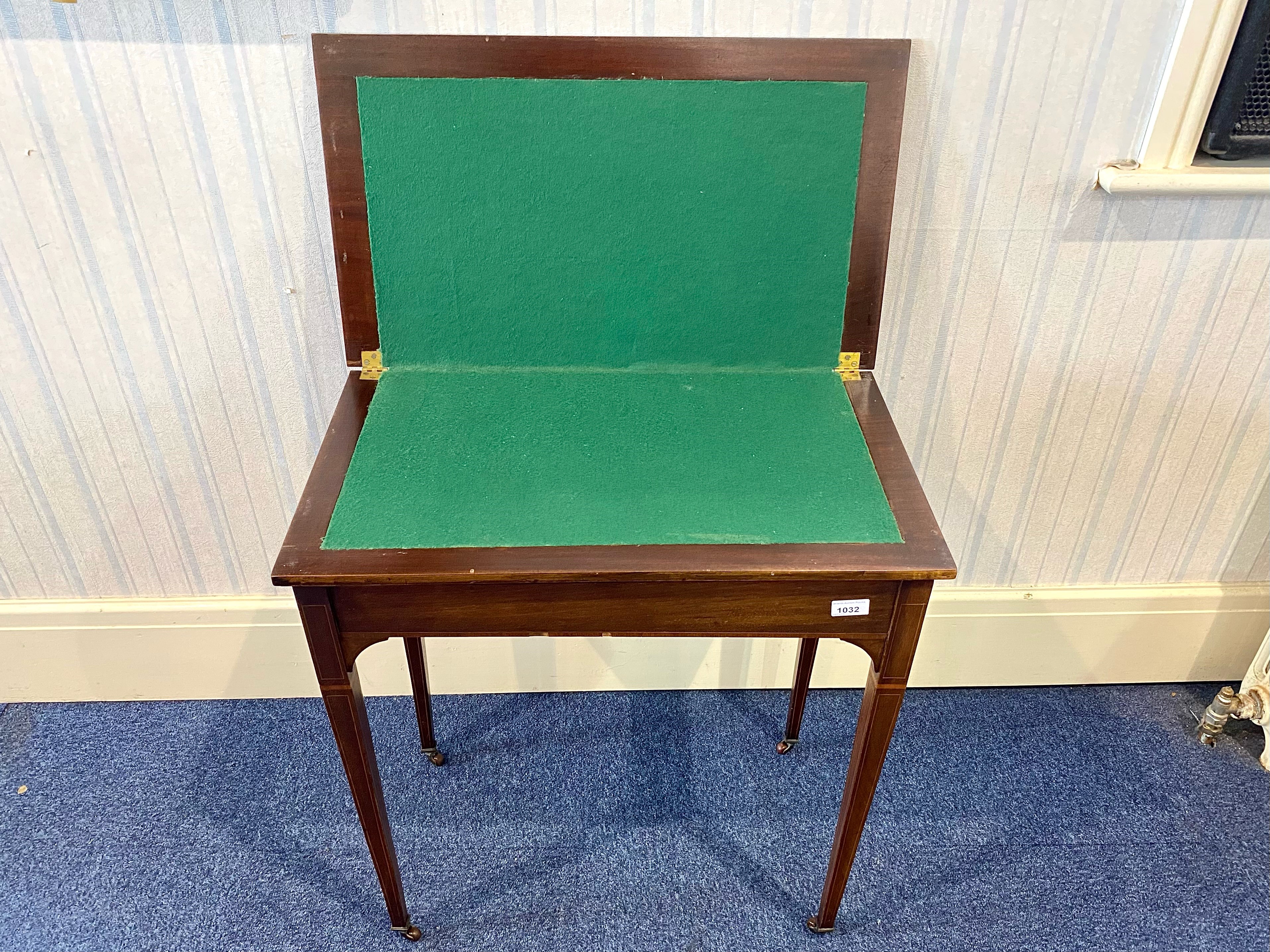 Edwardian Card Table, inlaid pattern, green felt lined inside. Measures 29" high x 27" wide x 15. - Image 2 of 3