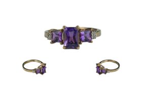 Ladies 9ct Gold 3 Stone Amethyst and Diamond Set Ring. Marked 9ct to Shank.