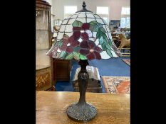 Tiffany Style Table Lamp, leaded shade on a bronzed column. Height Approx 26".