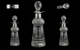 Edwardian Period Silver Collared and Cut Glass Decanter, Excellent Proportions and Form, Star Base.