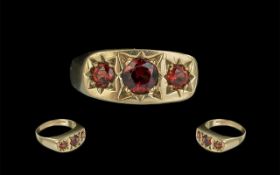 Gents - 9ct Gold 3 Stone Ruby Set Ring, Star Setting. Fully Hallmarked to Interior of Shank.