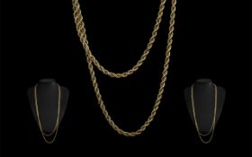 Excellent Quality 9ct Gold Rope Twist Chain of Long length, With Lobster Claw Clasp, Marked 9ct.