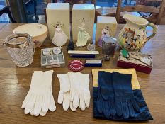 A Collection of Assorted Items to include ladies vintage evening gloves, Robert Burns water jug,