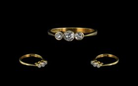 18ct Gold Diamond Ring, set with three round cut diamonds, one chipped, fully hallmarked. Ring