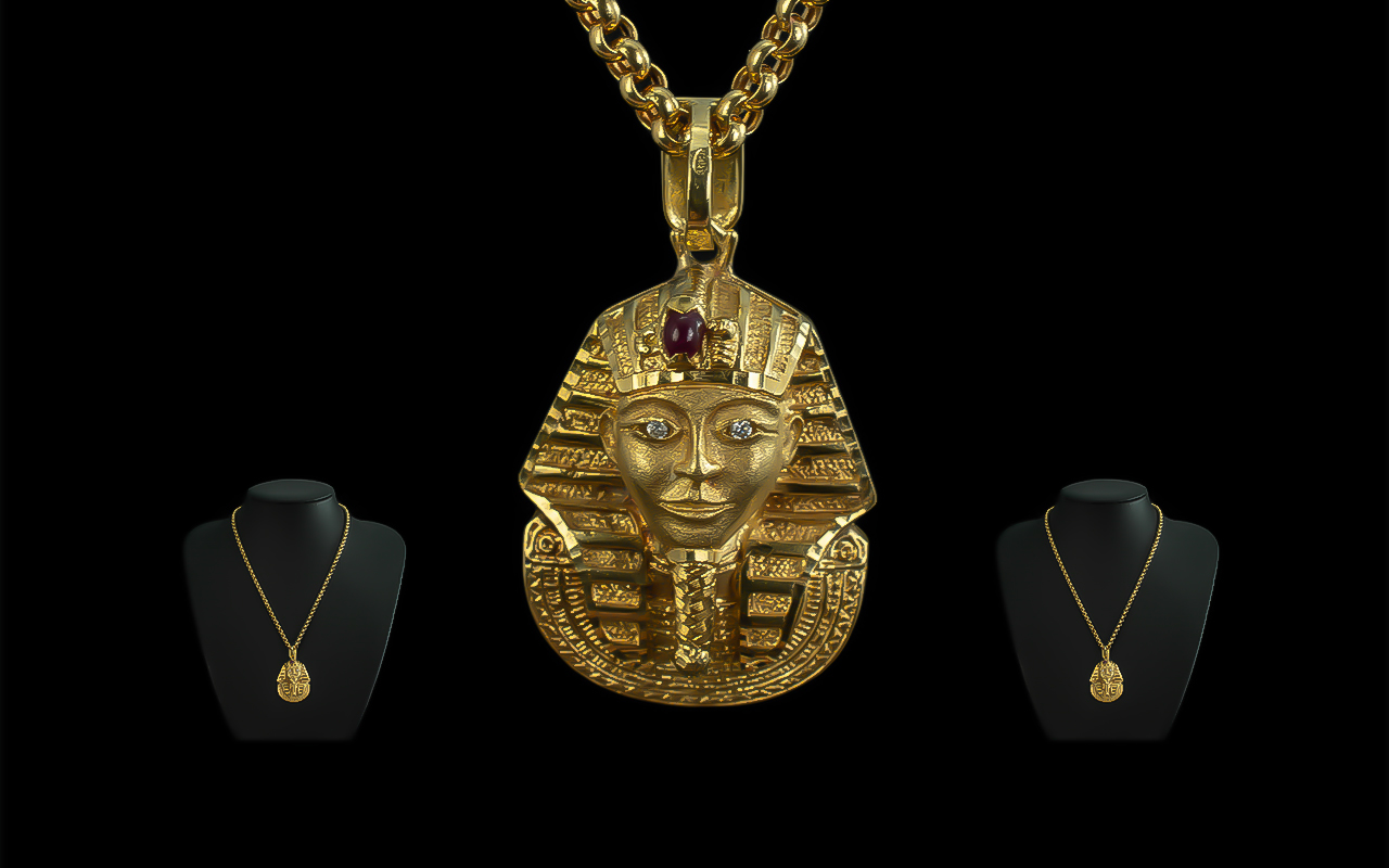 Egyptian 21 - 22 ct Gold Diamond - Ruby Set Pendant In the Form of a Bust of Pharaohs Head,