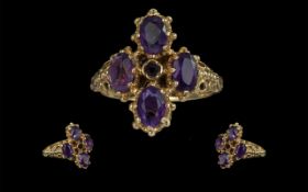 Ladies - Impressive 9ct Gold Amethyst Set Ring, Ornate Design / Setting.