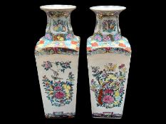 Two Hand Painted Vases, decorated with flowers and birds. Measure approx 13" tall.