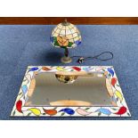 Tiffany Style Table Lamp, with blue and amber design on cream background. Measures approx. 16".
