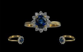 18ct Gold - Ladies Attractive and Superior Blue Sapphire and Diamond Set Cluster Ring.