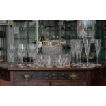 Collection of Quality Glass, comprising an Ice Bucket with chrome trim, six 9" champagne flutes,