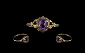 Ladies Petite 9ct Gold Ornate Single Stone Amethyst Set Ring. Excellent design, shank and setting.