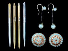 Pair of 9ct Gold Pearl Drop Earrings together with a pair of turquoise and stone set earrings.