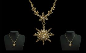 Ladies Attractive and Ornate 14ct Gold Seed Pearl Set Necklace with 14ct gold sunburst seed pearl