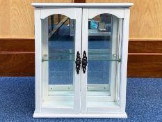 White Painted Wall Display Cabinet, with mirror back, two glass doors, glass shelf.