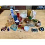 Two Boxes of Vintage Coloured Glass, including Medina glass paperweight, Whitefriars glass, bottles,