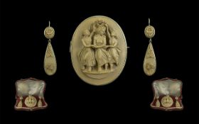 Mid 19th Century Excellent Quality Lava Hardstone Cameo Brooch with Matching Pair of Drop Earrings.