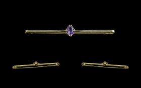 9ct Gold & Amethyst Bar Brooch - Slim Design & Claw Set with An Oval Amethyst. Hinged with Safety