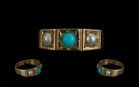Antique Period 15ct Gold Turquoise and Seed Pearl Set Dress Ring,