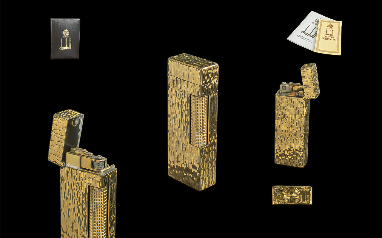 Dunhill Deluxe Version Gold Plated Bark Design Cigarette Lighter with Dunhill Box, Booklets.