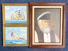 Three Oil Paintings, one of a sailor measures 16" x 12" signed to bottom left, framed,