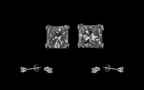Ladies Pair of 18ct White Gold & Diamond Square Solitaire Earrings By Goldsmiths Jewellers. Est