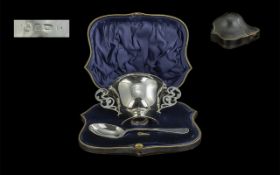 Edwardian Period 1902 - 1910 Sterling Silver Twin Ornate Handle Christening Cup and Spoon,
