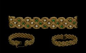 18ct Gold Attractive Emerald and Pearl Set Bracelet ' Basket Weave Rope ' Design.