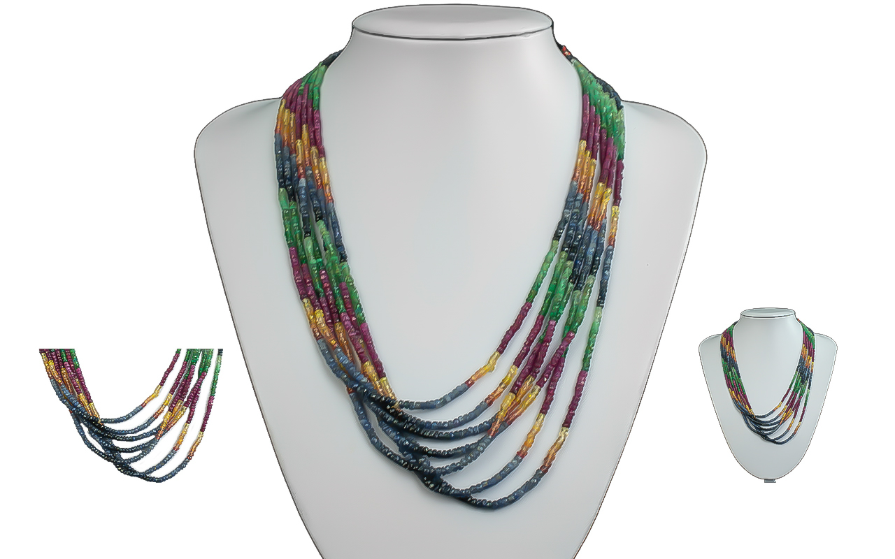 A Superb 1930's Multi Strands - Multi Stone Set Necklace with Tassels of Wonderful Colour / Design.