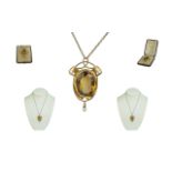 Art Nouveau Superb 9ct Gold Large Stylish Faceted Citrine Set Pendant with Pearl Drop Attached to a