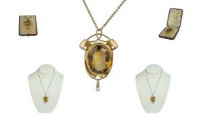 Art Nouveau Superb 9ct Gold Large Stylish Faceted Citrine Set Pendant with Pearl Drop Attached to a