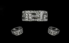 18ct White Gold Greek Key Design Ring approx 52 round cut diamonds est weight 1 carat fully