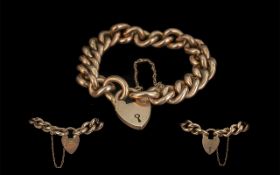 Antique Period Attractive 9ct Gold Curb Bracelet with a 9ct gold heart shaped padlock and safety