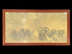 David Shepherd Framed Print, depicting a herd of elephants. Measures overall 23" x 43".