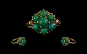 Antique Period 9ct Gold Turquoise Set Cluster Ring, Flower head Design.
