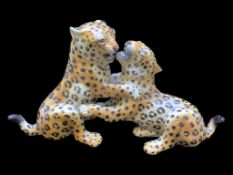 Excellent Mid Century Ceramic Hand Painted Life Like Figure of Two Leopard Cubs Play Fighting, By