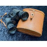 Pair of Military Field Glasses by L & G Telstar, in a tan leather carry case.