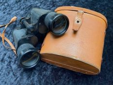 Pair of Military Field Glasses by L & G Telstar, in a tan leather carry case.