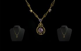 Antique Period 9ct Gold - Ornate Open-worked Amethyst Set Necklace and Pendant. Marked 9ct.