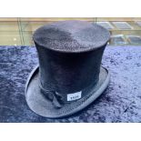 Gentleman's Top Hat made by Switzer & Company of Dublin. Black velour with black ribbon trim.