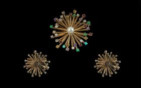 Ladies Attractive 9ct Gold Multi- Stone Set Brooch - Wheel Design, Set With Turquoise, Seed Pearl,